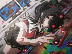 Rule 34 | 1girl, ame-chan (needy girl overdose), black eyes, black hair, black nails, black ribbon, black skirt, cellphone, collared shirt, hair ornament, hair over one eye, highres, junpaku karen, long hair, lying, multicolored nails, nail polish, neck ribbon, needy girl overdose, parted lips, phone, red nails, red shirt, ribbon, shirt, skirt, solo, twintails, vomiting rainbows, x hair ornament