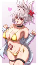 1girl absurdres ayakashi_triangle big_kapipara bikini blush breasts cleavage crossed_bangs genderswap genderswap_(mtf) gold_bikini hair_between_eyes highres kazamaki_matsuri large_breasts open_mouth red_eyes shiny_skin side-tie_bikini_bottom solo swimsuit