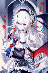1girl :d artist_name bare_shoulders blood blood_on_hands bonnet chinese_commentary commentary_request detached_sleeves highres long_hair long_sleeves looking_at_viewer open_mouth original parted_lips red_eyes sheya signature smile solo upper_body very_long_hair white_hair wings