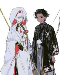 2boys arjuna_(fate) black_eyes black_hair blue_eyes bow_(weapon) brothers commentary_request dark-skinned_male dark_skin expressionless eyeliner fate/grand_order fate_(series) folding_fan grey_hakama hakama half-siblings hand_fan haori holding holding_fan holding_polearm holding_weapon hood hood_up husband_and_husband implied_incest implied_yaoi japanese_clothes jhwxxxnb karna_(fate) kimono korean_commentary makeup male_focus multiple_boys pale_skin polearm red_eyeliner shiromuku siblings uchikake wataboushi weapon white_hair
