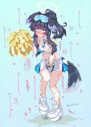 1girl animal_ears bare_shoulders between_legs black_hair blue_archive blue_background blush breasts cheerleader crop_top dog_ears dog_girl dog_tail embarrassed eyewear_on_head full_body goggles halo hand_between_legs hibiki_(blue_archive) hibiki_(cheer_squad)_(blue_archive) highres holding long_hair millennium_cheerleader_outfit_(blue_archive) miniskirt narumiya_(narumiya) navel nose_blush official_alternate_costume pee peeing peeing_self pom_pom_(cheerleading) shoes sidelocks simple_background skirt solo standing sweat tail wet wet_clothes white_skirt