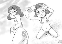 1girl ass bikini breasts cellphone covered_erect_nipples glasses gouguru highres loli looking_at_viewer misora_inaho monochrome phone round_eyewear selfie small_breasts smile surprised swimsuit tattoo v youkai_watch