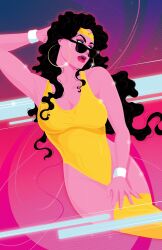 Rule 34 | 1980s (style), 1girl, black hair, breasts, collarbone, commentary, curly hair, earrings, english commentary, hand in own hair, hand on own hip, highres, hoop earrings, jewelry, lipstick, long hair, makeup, medium breasts, memphis design, mikemahle, oldschool, one-piece swimsuit, original, parted lips, pinup (style), retro artstyle, solo, sparkle, sunglasses, swimsuit, thighhighs, wristband, yellow one-piece swimsuit, yellow thighhighs