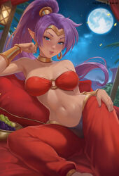1girl blue_eyes bra bracelet breasts dark-skinned_female dark_skin earrings exlic full_moon harem_pants high_ponytail highres hoop_earrings jewelry large_breasts long_hair looking_at_viewer moon naughty_face navel neck_ring night pants parted_lips pointy_ears ponytail purple_hair reclining red_bra red_pants shantae shantae_(series) smile solo stomach underwear