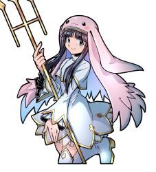animal_hat black_hair digimon digimon_(creature) hat highres nun oh_sorry_01 polearm rabbit_hat simple_background sistermon_blanc smile trident weapon white_background
