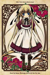 1girl alternate_costume apron artist_name black_bow black_bowtie blonde_hair blue_eyes boots bow bowtie brown_boots buttons closed_mouth commentary_request dress drill_hair drill_sidelocks flat_chest flower full_body hair_bow long_hair looking_at_viewer morinaga_hinase quad_drills red_dress red_flower red_rose rose rozen_maiden shinku sidelocks smile solo standing twintails very_long_hair waist_apron watermark web_address white_apron yellow_background