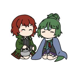 2others adagumo_no_saragimaru androgynous animated animated_gif baila_kuangzi black_shirt black_sleeves blanket blue_shirt blue_shorts blush_stickers brown_shorts chinese_commentary closed_eyes coat cold_pack collared_shirt commentary_request green_coat green_hair holding holding_teapot hood hood_down hooded_coat kneeling len&#039;en long_sleeves multiple_others no_mouth no_nose open_clothes open_coat other_focus red_eyes shirt shitodo_hooaka short_hair shorts simple_background snake_tail tail teapot white_background