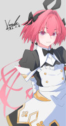 1boy absurdres arms_behind_back astolfo_(fate) astolfo_(saber)_(fate) astolfo_(saber)_(third_ascension)_(fate) black_bow black_bowtie bow bowtie closed_mouth cowboy_shot dated dress fate/grand_order fate_(series) gold_trim grey_background hair_bow hair_intakes highres kondo_haru_20 long_hair male_focus pink_hair purple_eyes signature simple_background solo trap