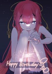 1girl 2025 absurdres ai_ai_gasa blue_eyes blunt_bangs braid center-flap_bangs character_name closed_mouth commentary dated feet_out_of_frame fireworks hair_ornament hair_over_shoulder hairclip hand_up happy_birthday highres holding holding_fireworks hugging_own_legs japanese_clothes kamiyama_shiki kimono knees_together_feet_apart knees_up long_hair looking_down miraikanai night night_sky outdoors panties ponytail red_hair red_kimono ringed_eyes sitting sky sleeveless sleeveless_kimono smile solo sparkler split_mouth striped_clothes striped_kimono summer_pockets tassel tassel_hair_ornament translated twin_braids underlighting underwear vertical-striped_clothes vertical-striped_kimono very_long_hair white_panties