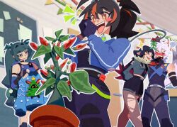 1boy 3girls animal_ears arm_behind_back bare_shoulders black_hair black_shorts blurry blurry_background blush blush_stickers cat_boy cat_ears cat_tail ceiling chest_harness closed_eyes closed_mouth detached_sleeves fangs flower_pot g_ureii garter_straps gloves green_hair green_jacket grey_hair happy harness hetero high-waist_shorts holding holding_mistletoe holding_unworn_clothes holding_with_tail indoors jacket jane_doe_(zenless_zone_zero) long_hair long_sleeves long_tail looking_at_another looking_at_object mechanical_tail metal_hairband mistletoe mouse_ears multicolored_hair multiple_girls nose_blush open_mouth own_hands_together pants pantyhose pantyhose_under_shorts plant police police_uniform policewoman potted_plant prehensile_tail qingyi_(zenless_zone_zero) red_hair seth_lowell sharp_tail shirt short_shorts shorts single_garter_strap single_leg_pantyhose single_thighhigh smile standing tail teasing thighhighs torn_clothes torn_pantyhose torn_thighhighs two-tone_hair very_long_hair vest zenless_zone_zero zhu_yuan