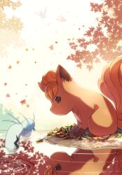 autumn autumn_leaves barboach fish fox gen_1_pokemon gen_3_pokemon highres latias latios leaf legendary_pokemon looking_down nintendo no_humans orange_hair pokemon pokemon_(creature) reflection reflective_water sitting tatsumi_(panneko) vulpix water wings