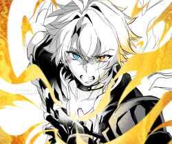 1boy antenna_hair armor artist_name blue_eyes choker collarbone commentary_request crying crying_with_eyes_open fingerless_gloves fire gloves hair_between_eyes hand_on_own_chest hand_up heterochromia highres honkai:_star_rail honkai_(series) jacket long_sleeves looking_at_viewer male_focus partially_colored phainon_(honkai:_star_rail) rongyuan_gulu short_hair shoulder_armor simple_background solo tears teeth upper_body v-shaped_eyebrows white_background yellow_eyes