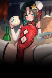 1boy absurdres bad_source black_hair breasts bridal_gauntlets bulge chewing china_dress chinese_clothes closed_mouth clothing_cutout colored_inner_hair crossdressing crossdressing_(mtf) double_bun dress erection erection_under_clothes food green_eyes green_hair green_nails hair_bun hair_ornament hakusyokuto highres holding holding_food looking_at_viewer male_focus male_with_breasts mole mole_under_eye multicolored_hair navel navel_cutout original paid_reward_available short_hair side_slit sleeveless sleeveless_dress small_breasts solo spread_legs steamed_bun sweat textless_version thighhighs trap white_bridal_gauntlets white_thighhighs