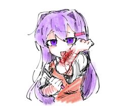 blood cuts cutting doki_doki_literature_club hair_between_eyes hair_intakes hair_ornament hairclip injury knife licking licking_arm licking_blood licking_wound long_hair open_mouth purple_eyes scar school_uniform short_sleeves ting_mong tongue tongue_out yuri_(doki_doki_literature_club)