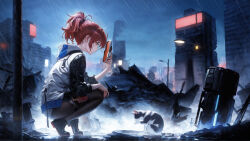 1girl ankle_boots arknights bandages black_boots black_pantyhose black_shorts blurry boots brown_eyes building cat closed_mouth commentary depth_of_field highres holding holding_mask hood hood_down hooded_jacket injury jacket lamppost long_sleeves looking_at_animal mask original outdoors pantyhose pole ponytail profile rain revision shorts skyscraper squatting tameiki thigh_strap trash unworn_mask wet wet_clothes wet_hair