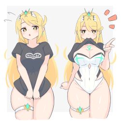 1girl blonde_hair breasts cleavage curvy highres large_breasts long_hair looking_at_viewer mythra_(radiant_beach)_(xenoblade) mythra_(xenoblade) solo thick_thighs thighs uncool_mochi xenoblade_chronicles_(series) xenoblade_chronicles_2 yellow_eyes