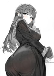 Rule 34 | 1girl, ass, ass focus, black dress, blush, book, breasts, dress, fern (sousou no frieren), frilled dress, frills, from below, hair between eyes, harutoyumaarts, highres, holding, holding book, large breasts, long hair, looking at viewer, looking back, looking down, monochrome, partially colored, simple background, solo, sousou no frieren, twitter username, white background