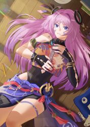 1girl absurdres arm_tattoo black_gloves black_leotard black_sleeves blue_eyes book breasts citlali_(genshin_impact) eltdoa facial_mark fingerless_gloves forehead_mark genshin_impact gloves highres holding holding_book leotard long_hair lying mavuika_(genshin_impact) multicolored_hair pink_hair pink_pupils ring_hair_ornament single_sleeve solo tattoo triangle triangle_facial_mark very_long_hair