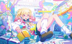 1girl absurdres aqua_ribbon artist_request bespectacled blonde_hair blue_shirt blue_skirt blueprint_(object) book book_stack bookmark box broken brown_shoes buttons cable cardigan character_name charm_(object) coat collared_shirt colorful colorful_palette computer container cup double-parted_bangs drawing electricity facing_up foot_out_of_frame get_over_it._(project_sekai) glasses gradient_hair hair_ornament hair_over_shoulder hairclip highres holding holding_book holding_notebook id_card indoors instrument keyboard_(instrument) laboratory lanyard lapels lightning_bolt_symbol loaded_interior loafers long_sleeves looking_down lying machine miniskirt monitor mug multicolored_hair neck_ribbon notebook official_art on_back on_floor on_person open_clothes open_coat open_collar open_mouth paper pink_cardigan pink_eyes pink_hair pink_stripes pleated_skirt project_sekai ribbon robot rolled_up_paper round_eyewear shirt shoe_soles shoes single_stripe skirt smoke socks solo spill spring_(object) star_(symbol) striped tenma_saki third-party_source twintails v-neck wavy_hair white_coat white_socks wispy_bangs x_x