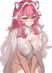 1girl absurdres animal_ear_fluff animal_ears breasts cat_ears cat_girl chronopattern_dress closed_mouth hair_intakes helldeer highres hololive hololive_english large_breasts meme_attire multicolored_hair panther_girl pink_hair raora_panthera revealing_clothes simple_background sitting solo streaked_hair virtual_youtuber white_background yellow_eyes