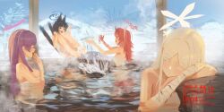 4girls absurdres animal_ears bathing black_hair blue_archive cat_ears grey_eyes hair_ornament halo highres horns hyakkaryouran_(blue_archive) kikyou_(blue_archive) long_hair multiple_girls nagusa_(blue_archive) naked_towel onsen partially_submerged purple_eyes purple_hair red_eyes red_hair renge_(blue_archive) rock same-sex_bathing shared_bathing short_hair single_horn steam towel water white_hair white_halo yamaharu_(xxzf7284) yukari_(blue_archive)