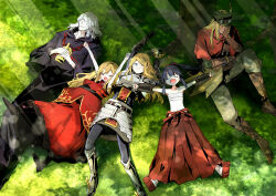 2boys 3girls absurdres armor armored_boots arms_up bare_arms bare_shoulders black_boots black_robe blonde_hair boots breastplate brown_boots brown_gloves bushidou_(sekaiju) bushidou_2_(sekaiju) collarbone crown curse_maker curse_maker_1 day doctor_magus doctor_magus_4 dress elbow_gloves etrian_odyssey flat_cap gloves goggles goggles_on_headwear green_hat green_jacket grey_hair grey_pants hakama hakama_skirt hat highres hood hood_down hooded_robe jacket japanese_clothes knee_boots long_hair lying mini_crown multiple_boys multiple_girls navel nikki_kyousuke on_back on_grass outdoors own_hands_together paladin_(sekaiju) paladin_2_(sekaiju) pants ranger_(sekaiju) ranger_1_(sekaiju) red_dress red_hakama red_sandals robe sandals sarashi sekaiju_no_meikyuu sekaiju_no_meikyuu_2 shoe_soles sitting skirt sleeveless sleeveless_dress socks swept_bangs tree unworn_crown very_long_hair white_socks zouri