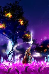 1boy 1girl bare_shoulders blonde_hair braid closed_mouth final_fantasy final_fantasy_xii final_fantasy_xii_revenant_wings full_body hair_ornament long_hair midriff mochi_(hanamaruudondesu) outdoors penelo smile star_(sky) tree twin_braids twintails vaan_(ff12)
