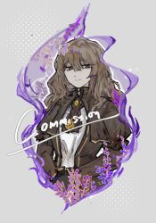 Rule 34 | 1girl, black gloves, blunt bangs, brooch, brown coat, brown eyes, brown hair, catherine (project moon), coat, flame print, frilled sleeves, frills, gloves, grey background, hair between eyes, halftone, hands on lap, highres, hyacinth, jewelry, kalliope orc, limbus company, looking at viewer, medium hair, pendant, project moon, shirt, smile, solo, upper body, white shirt
