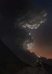 1girl absurdres blue_archive cloud coat commentary_request cumulonimbus_cloud facing_away halo hat highres kani_etizen03 mountain night night_sky orange_sky railing saori_(blue_archive) scenery sky star_(sky) twilight