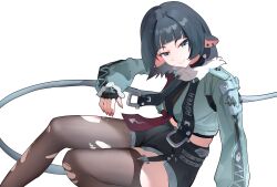 1girl a_maple absurdres animal_ears black_gloves black_hair black_shorts fingerless_gloves fur-trimmed_jacket fur_trim garter_straps gloves green_eyes green_jacket high-waist_shorts highres impossible_shorts jacket jane_doe_(zenless_zone_zero) long_tail mouse_ears mouse_girl necktie pantyhose sharp_tail shorts single_garter_strap single_leg_pantyhose smile tail thighhighs torn_clothes torn_pantyhose torn_thighhighs two-tone_necktie white_background zenless_zone_zero
