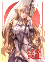 Rule 34 | 1girl, armor, black hair, blonde hair, blue eyes, breasts, commentary request, cowboy shot, detached sleeves, fate/grand order, fate (series), flag, fur-trimmed thighhighs, fur trim, haruhikohiko, head tilt, highres, holding, holding flag, jeanne d&#039;arc (fate), jeanne d&#039;arc (ruler) (fate), jeanne d&#039;arc (third ascension) (fate), long hair, medium breasts, skirt, smile, solo, thighhighs, translation request, vambraces, very long hair, white skirt