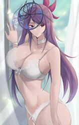 1girl absurdres bare_arms bare_shoulders bra bracelet breasts calmgreentori choker cleavage closed_mouth fascinator fire_emblem fire_emblem_engage highres ivy_(fire_emblem) jewelry lace lace-trimmed_bra lace-trimmed_panties lace_trim large_breasts long_hair looking_at_viewer looking_to_the_side mole mole_under_mouth navel nintendo panties purple_eyes purple_hair see-through_clothes see-through_headwear solo stomach underwear upper_body very_long_hair white_bra white_choker white_panties