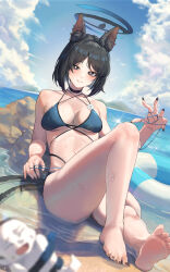 Rule 34 | 1girl, absurdres, animal ear fluff, animal ears, bakeneko, bikini, black choker, black nails, black tail, blue archive, blue bikini, blue halo, blue sky, blue tail, blurry, blush, breasts, bright pupils, cat&#039;s cradle, cat ears, cat girl, cat tail, choker, cleavage, commentary request, criss-cross straps, day, depth of field, doodle sensei (blue archive), fingernails, ggz (gguzal 95), gradient tail, halo, highres, kikyou (blue archive), kikyou (swimsuit) (blue archive), knee up, layered bikini, looking at viewer, medium breasts, multi-strapped bikini top, multiple tails, nail polish, official alternate costume, outdoors, sensei (blue archive), short hair, sky, swimsuit, tail, thighs, two tails, white pupils