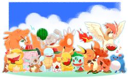 blush_stickers bone border bulbasaur charizard claws closed_eyes cubone eating fangs food food_on_face fruit gen_1_pokemon gen_2_pokemon geodude highres holding holding_food holding_fruit holding_stick holding_watermelon leaf musical_note nekonekopunyann nintendo no_humans open_mouth pidgeotto pikachu pokemon pokemon_(creature) psyduck raichu skull_on_head snubbull squirtle stick togepi tongue tongue_out tree_stump vulpix watermelon watermelon_seeds watermelon_slice white_border