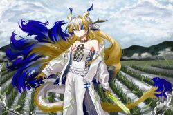1girl arknights bare_shoulders blonde_hair breasts brooch cloud cloudy_sky dragon_girl dragon_horns dragon_tail earrings eastern_dragon_horns eastern_dragon_tail green_eyes highres holding holding_sword holding_weapon horns jewelry long_hair medium_breasts off_shoulder pointy_ears rice_paddy rywy2524 shu_(arknights) sky solo strapless sword tail tassel tassel_earrings tube_top weapon white_tube_top