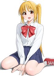 Rule 34 | 1girl, :d, absurdres, between legs, blonde hair, blue skirt, bocchi the rock!, bow, bowtie, brown eyes, collared shirt, commentary request, grey skirt, hand between legs, highres, ijichi nijika, long hair, long sleeves, looking at viewer, magurotatakighn, open mouth, pleated skirt, red bow, red bowtie, red shoes, shirt, shoes, side ponytail, sidelocks, simple background, skirt, smile, solo, thighs, white background, white shirt