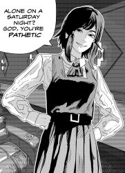 1girl absurdres black_hair bow bowtie chainsaw_man chair collar cup_holder english_text hands_on_own_hips highres lamp looking_at_viewer magnemagne mifune_fumiko monochrome movie_theater school_uniform short_hair smile yoshida&#039;s_female_associate