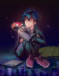 1boy bag boku_no_hero_academia boots bubble catfish commentary crossed_arms fish green_eyes green_hair highres male_focus midoriya_izuku milmil_(wa_ten&#039;nendesu) open_mouth pamphlet school_bag school_uniform sitting solo solo_focus