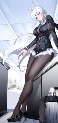 1girl absurdres black_pantyhose black_unitard blue_flower blue_rose bodystocking breasts cleavage flower flower_on_chest guhuabingwu highres official_alternate_costume pantyhose rose see-through_cleavage see-through_clothes single_hair_intake solo yellow_eyes yixuan_(trails_of_ink)_(zenless_zone_zero) yixuan_(zenless_zone_zero) zenless_zone_zero