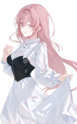 Rule 34 | 1girl, 9750isz, absurdres, black corset, breasts, buttons, cleavage, clothes lift, collar, corset, cowboy shot, frilled collar, frilled shirt, frills, hair between eyes, highres, lace shirt, long hair, long skirt, looking at viewer, original, parted lips, pink eyes, pink hair, pleated skirt, puffy sleeves, see-through cleavage, see-through clothes, shirt, signature, simple background, skirt, skirt lift, small breasts, smile, solo, straight hair, white background, white shirt, white skirt, wind, zipper