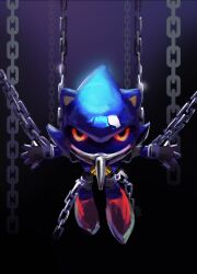 1boy absurdres animal_ears artist_name black_background black_sclera book_cover_redraw bound chain cmihaii colored_sclera commentary cuffs derivative_work english_commentary full_body glowing glowing_eyes gradient_background hedgehog_boy highres humanoid_robot looking_at_viewer male_focus metal_sonic painterly parody purple_background red_eyes red_shoes restrained robot science_fiction shackles shoes simple_background solo sonic_(series) sonic_the_hedgehog_(idw)