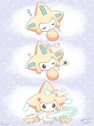anger_vein angry closed_eyes closed_mouth gen_3_pokemon hand_on_another&#039;s_head highres jirachi legendary_pokemon mugita_konomi mythical_pokemon nintendo one_eye_closed open_mouth petting pokemon pokemon_(creature) sleeping smile spoken_squiggle squiggle twitter_username zzz