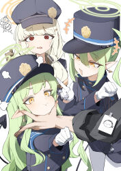 +++ 1boy 3girls :t absurdres aoba_(blue_archive) armband black_shirt blonde_hair blue_archive blue_armband blue_hat blue_jacket blush cabbie_hat cheek_squash clenched_hands commentary commentary_request demon_tail doodle_sensei_(blue_archive) earrings fang gloves green_hair halo hat highres hikari_(blue_archive) jacket jewelry long_hair looking_at_another maton_3110 multiple_girls nozomi_(blue_archive) peaked_cap pointy_ears puff_of_air sensei_(blue_archive) shirt siblings simple_background single_earring sisters skin_fang squiggle straight_hair sweatdrop tail tears twins twintails very_long_hair white_background white_gloves yellow_eyes