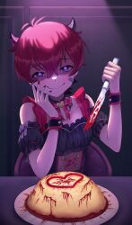 Rule 34 | 1girl, absurdres, arm garter, bandaid, bandaid on face, black collar, black dress, black nails, blood, bloody knife, blue eyes, breasts, chair, collar, collarbone, demon horns, dress, food, frilled collar, frilled dress, frills, heart, heart-shaped pupils, highres, holding, holding knife, horns, idolmaster, idolmaster million live!, idolmaster million live! theater days, jonero99, julia (idolmaster), knife, looking at viewer, mite mite look (idolmaster), nail polish, omelet, red hair, shaded face, short hair, sitting, smile, solo, symbol-shaped pupils, wristband, yandere