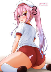 Rule 34 | 1girl, beret, blue hair, blush, buruma, dated, gradient hair, gym uniform, hair flaps, hair ornament, hair ribbon, harusame (kancolle), hat, highres, kamiya tadato, kantai collection, long hair, looking at viewer, multicolored hair, open mouth, panties, panty peek, pink eyes, pink hair, red buruma, red eyes, ribbon, side ponytail, sitting, smile, solo, thighs, torn buruma, torn clothes, twitter username, underwear, wariza, white hat