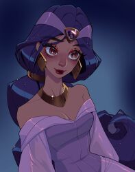 1girl aladdin_(movie) arabian_clothes bare_shoulders black_hair breasts brown_eyes cleavage colette_(lettiebobettie) dark-skinned_female dark_skin disney disney_princess earrings highres jasmine_(disney) jewelry long_hair looking_at_viewer makeup off_shoulder shirt solo very_long_hair