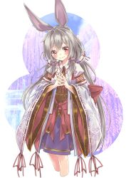 Rule 34 | 1girl, absurdres, animal ears, black pantyhose, blush, closed mouth, grey hair, highres, holding, holding umbrella, ichijiku (vrchat), japanese clothes, kimono, long hair, long sleeves, looking at viewer, miyama leaves, obi, oil-paper umbrella, pantyhose, purple eyes, purple skirt, rabbit ears, red eyes, red umbrella, ribbon, sash, skirt, smile, solo, umbrella, vrchat, wide sleeves
