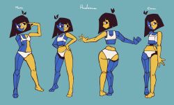 1girl alternate_costume aqua_background ass bare_arms bare_legs barefoot black_hair blue_skin blunt_bangs blunt_ends bra colored_skin cubism ena_(ena) ena_(series) ena_(species) english_text ethossketches flat_chest from_behind full_body hand_on_own_hip hand_up head_tilt highres knees_together_feet_apart looking_back looking_to_the_side low_poly multicolored_skin multiple_views open_mouth outstretched_arms panties profile short_hair simple_background smile split-color_skin spread_arms standing thigh_gap two-tone_skin underwear underwear_only white_bra white_panties wide_hips yellow_skin