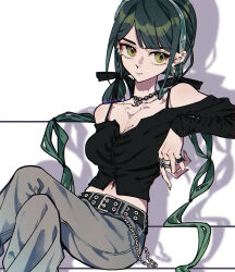 1girl absurdres alternate_costume bare_shoulders belt blue_pants breasts chabashira_tenko cleavage collarbone danganronpa_(series) danganronpa_v3:_killing_harmony denim ear_piercing eyelashes green_eyes green_hair hair_ribbon hairband highres jeans jewelry long_hair long_sleeves looking_at_viewer medium_breasts mole mole_under_mouth multiple_rings navel necklace off-shoulder_shirt off_shoulder pants piercing pink_lips ribbon ring shadow shimaya shirt simple_background sitting smile solo twintails very_long_hair