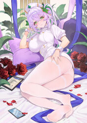 1girl aged_up alternate_costume blush breasts catsmoon cellphone clipboard closed_mouth commentary crotch_seam dress flower genshin_impact green_eyes green_pupils hair_between_eyes hair_intakes hair_ornament hand_on_own_hip hand_up hat highres indoors large_breasts long_hair looking_at_viewer lying multicolored_hair nahida_(genshin_impact) no_shoes nurse nurse_cap on_bed on_side paid_reward_available panties panties_under_pantyhose pantyhose phone pillow pointy_ears red_flower red_petals red_rose rose short_dress side_ponytail sidelocks smartphone soles solo streaked_hair thighband_pantyhose underwear white_dress white_hair white_panties white_pantyhose